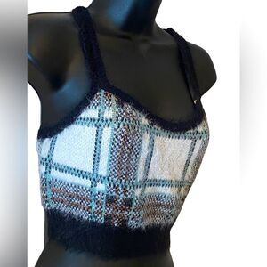 Eyeshadow sexy fuzzy crop top plaid tank, TikTok trendy layered looks NWT - L.